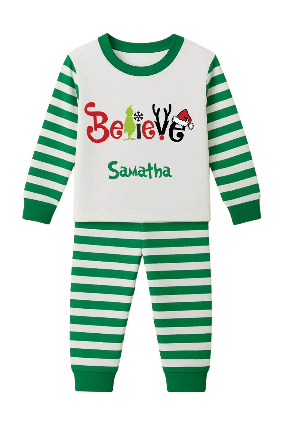 Children's green and white striped pajama set with 'Believe' and name print on a white background