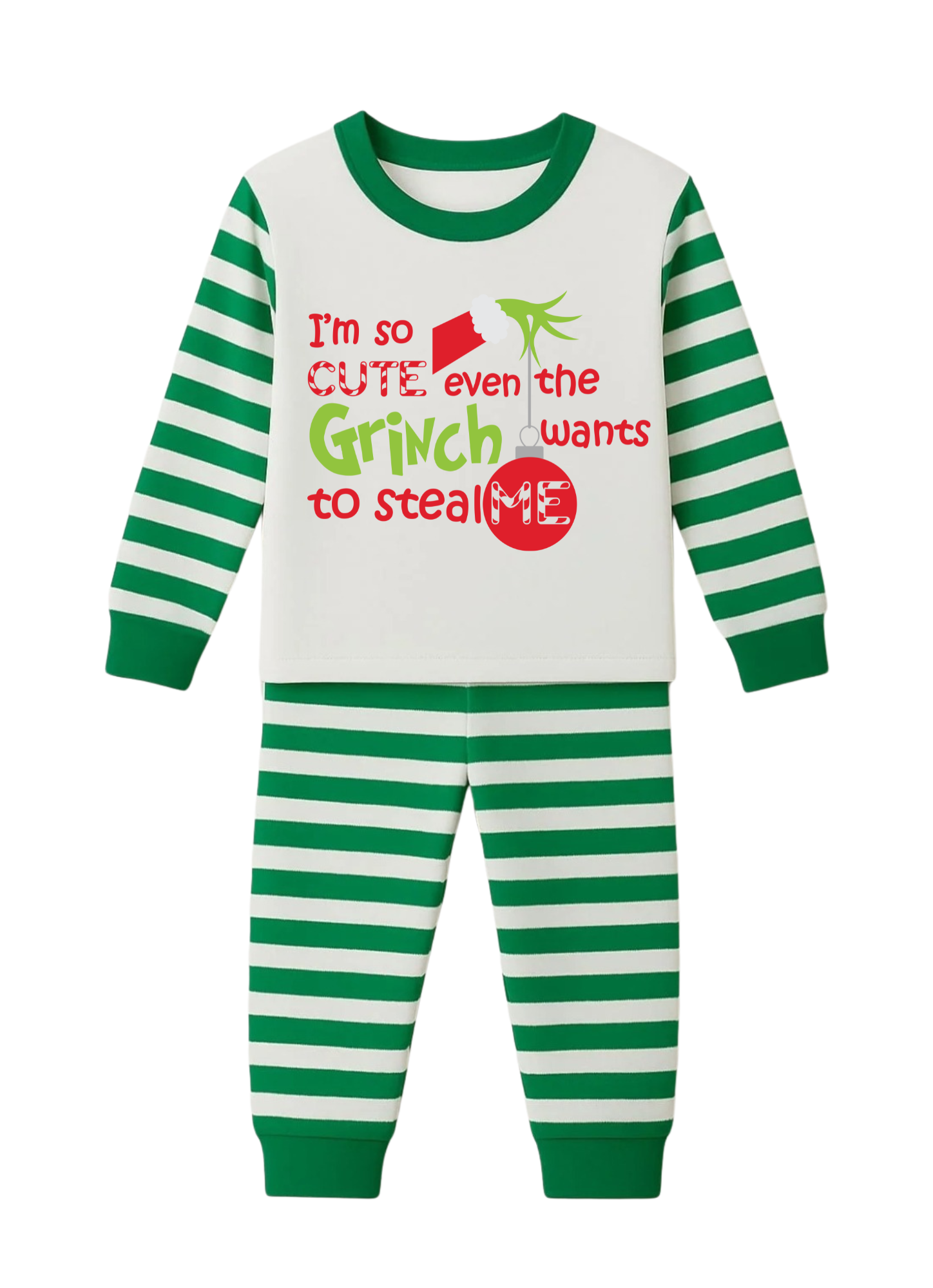 Green and white striped pajama set with text on a white background