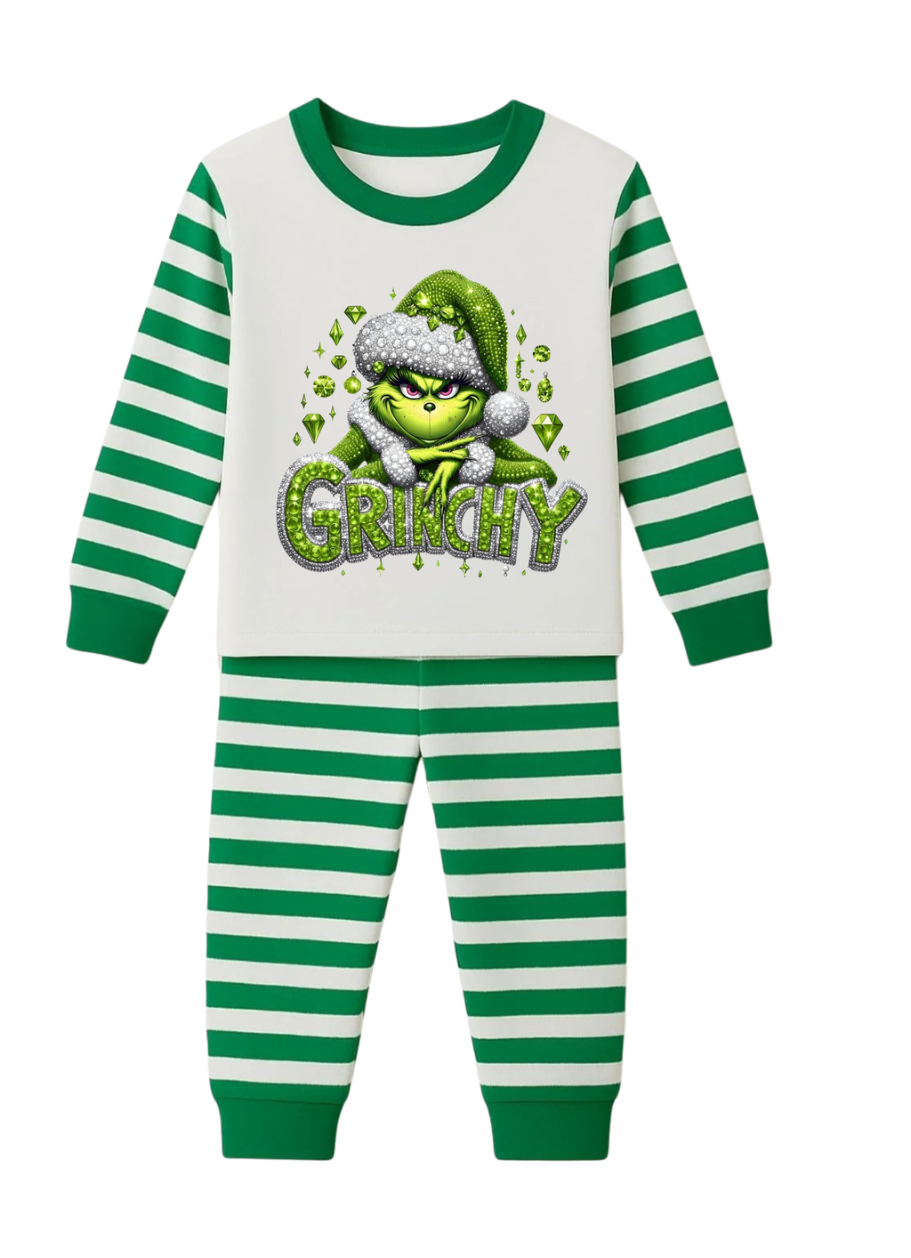 Children's pajama set with green and white stripes and Grinch design on a white background