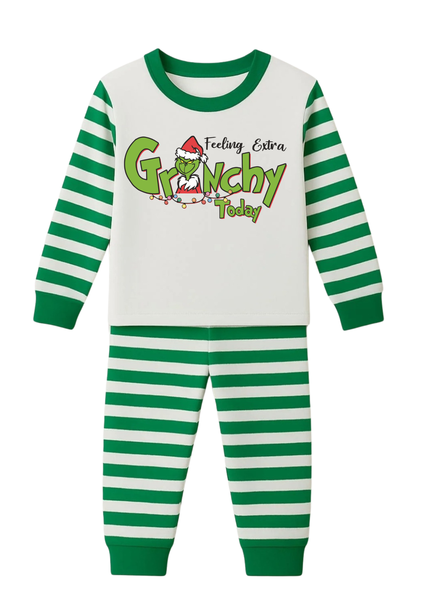 Green and white striped pajama set with 'Feeling Extra Grinchy Today' text on a white background