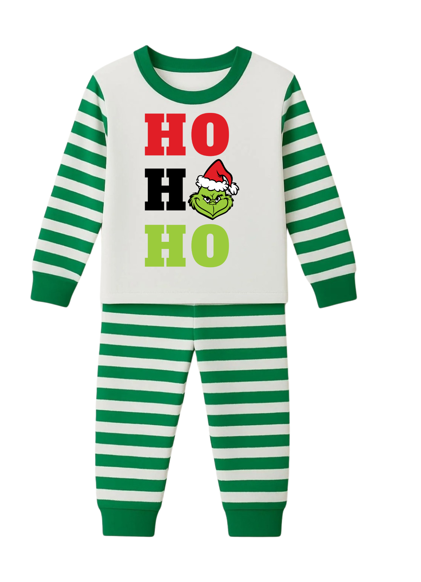 Children's pajama set with green and white stripes and 'HO HO HO' text on a white background