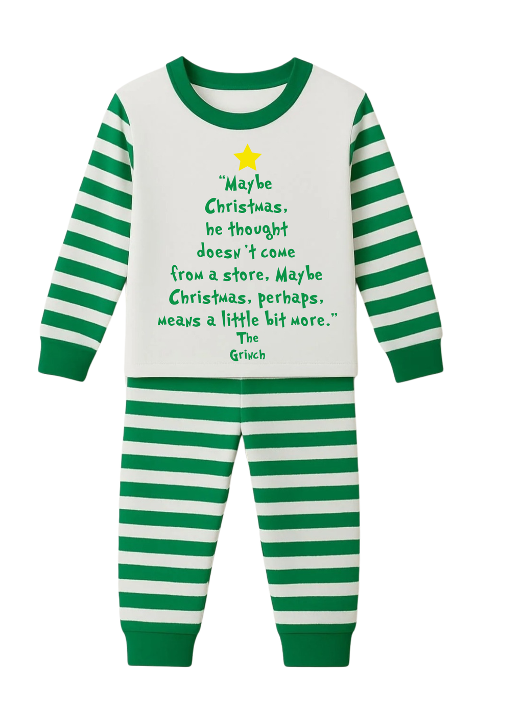 Green and white striped pajama set with Christmas-themed text on a white background