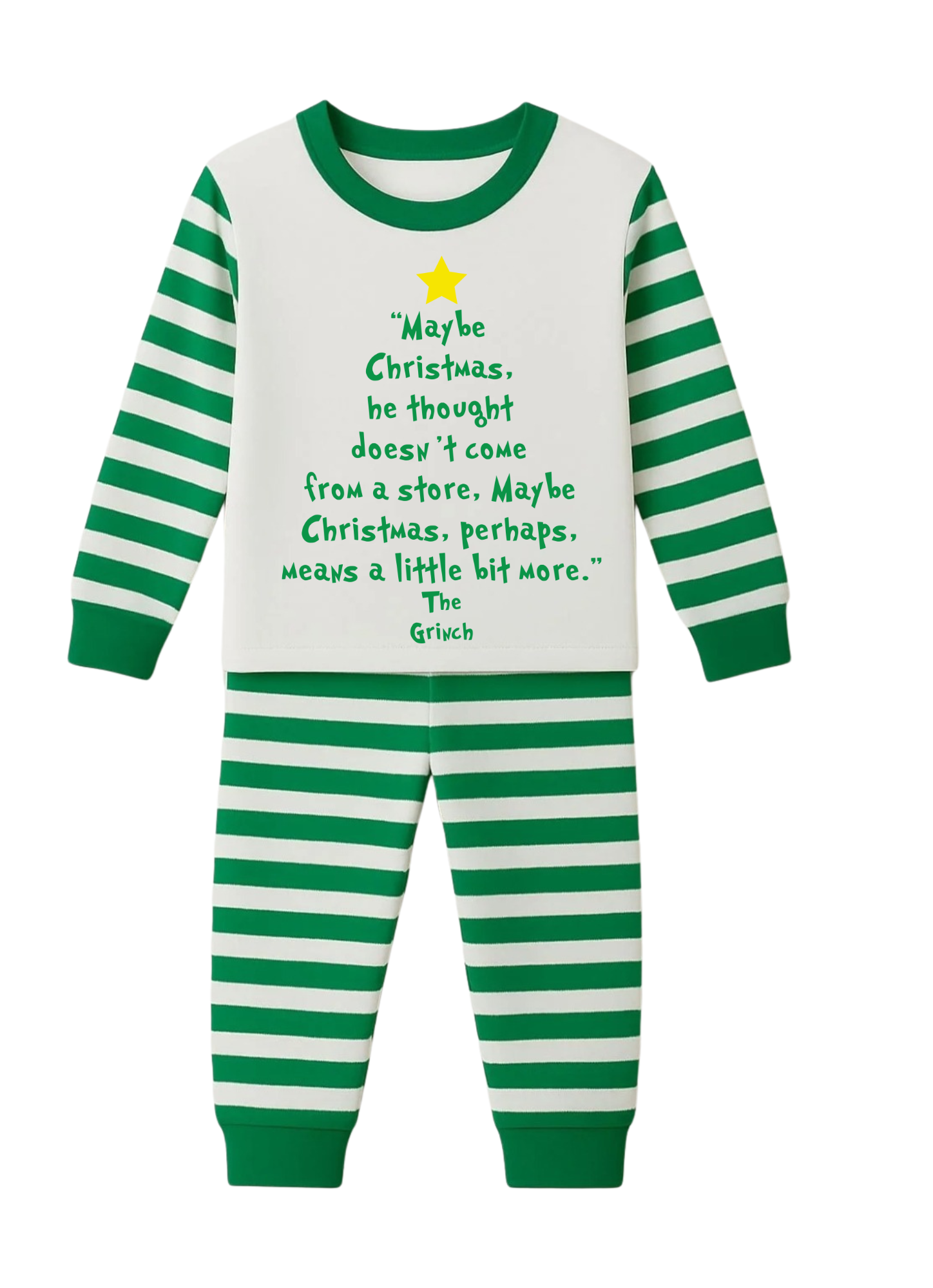 Green and white striped pajama set with Christmas-themed text on a white background