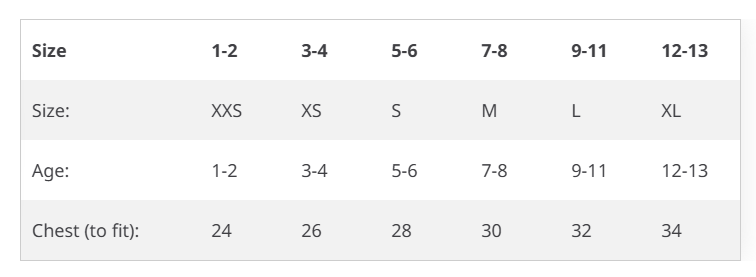 Size chart for children's clothing with size labels and corresponding chest measurements.
