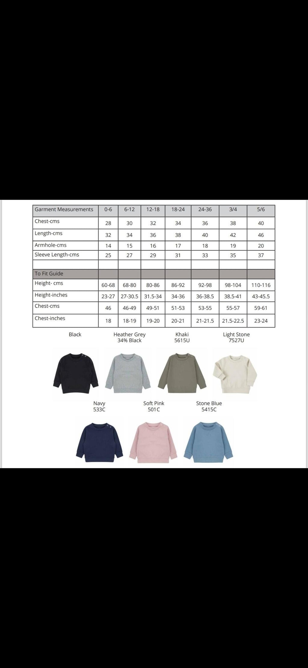 Product size chart and color swatches for a garment on a white background