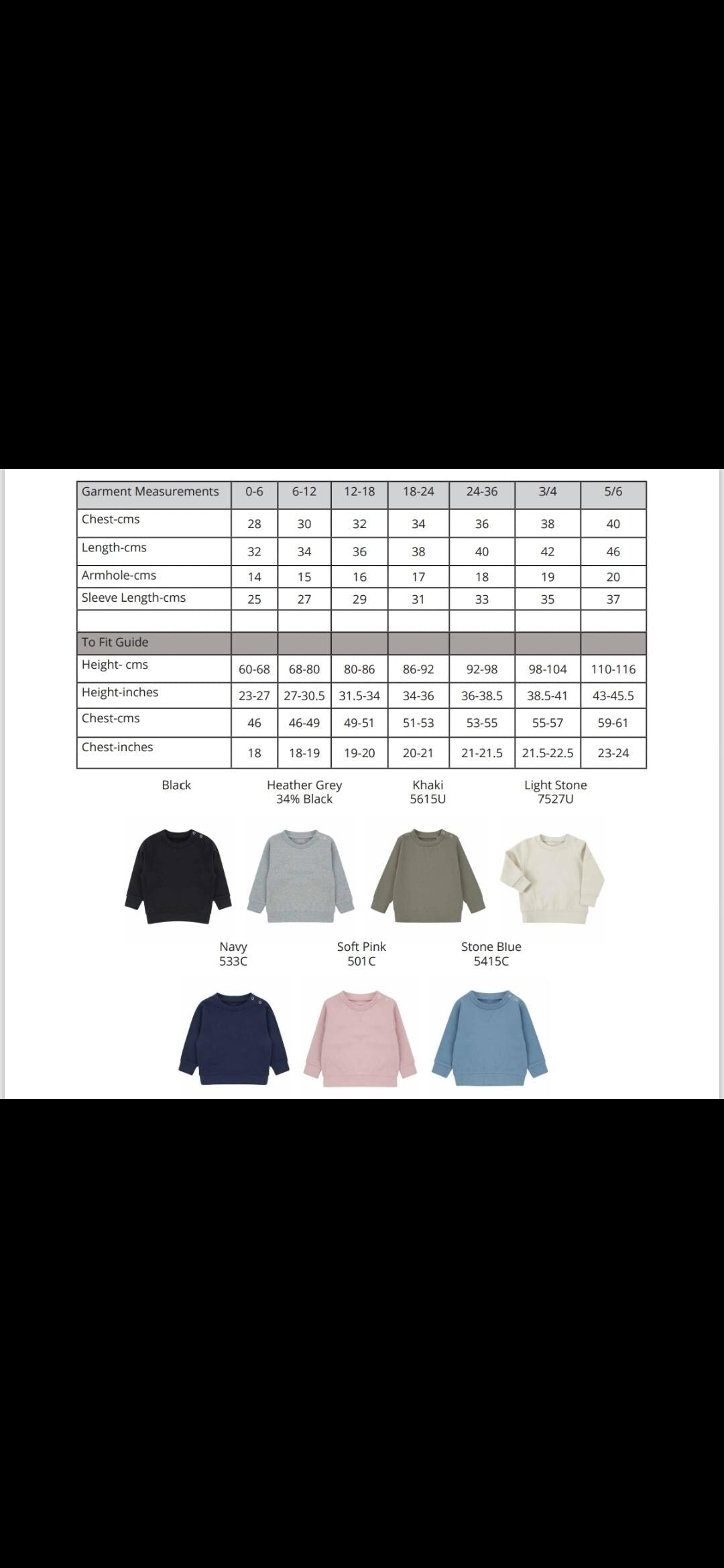 Product size chart and color swatches for a garment on a white background