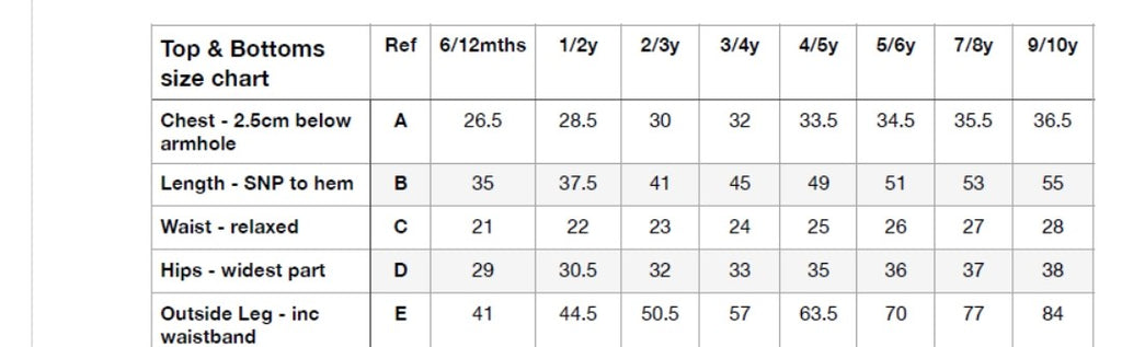 Size chart for top and bottoms with measurements in centimeters.