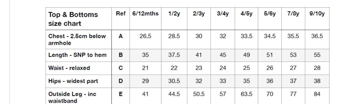 Size chart for top and bottoms with measurements in centimeters.